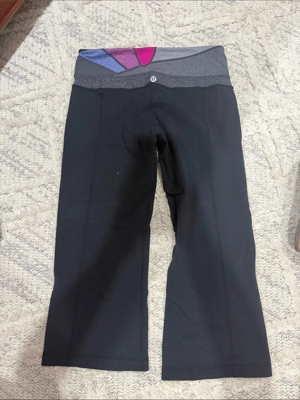 lululemon athletica Black Cropped Leggings with Gray, Purple & Pink Waistband